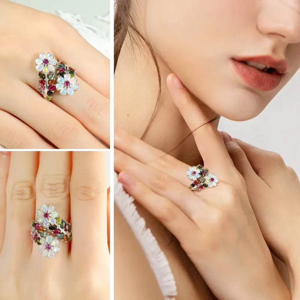 GZ ZONGFA Authentic 925 Sterling Silve Flower Rings for Women Natural Opal Tourmaline 3ct Gems Colorful Trendy Fine Jewelry