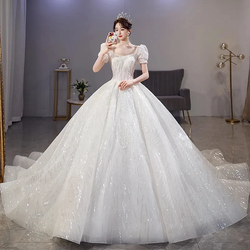 Main wedding dress new 2022 bride one-shoulder thin Sen luxury French super fairy starry sky long trailing veil skirt