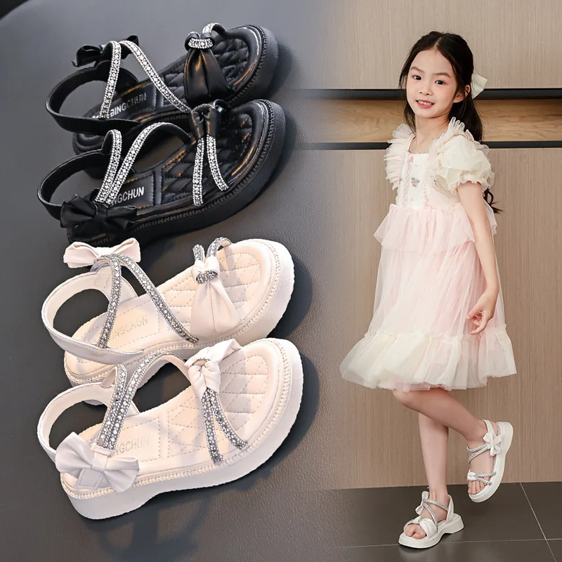 

Baby Sandals for Girls Kids Shoes Party Princess Summer Girls Sandals 2024 New Cute Rhinestone Bow Flat Children's Beach Shoe