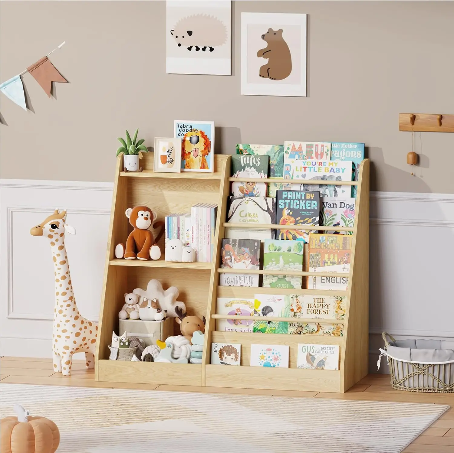 5-Tier Kids Bookshelf with Toy Storage, Front-Facing Book Display, Natural Wood Design for Children's Room