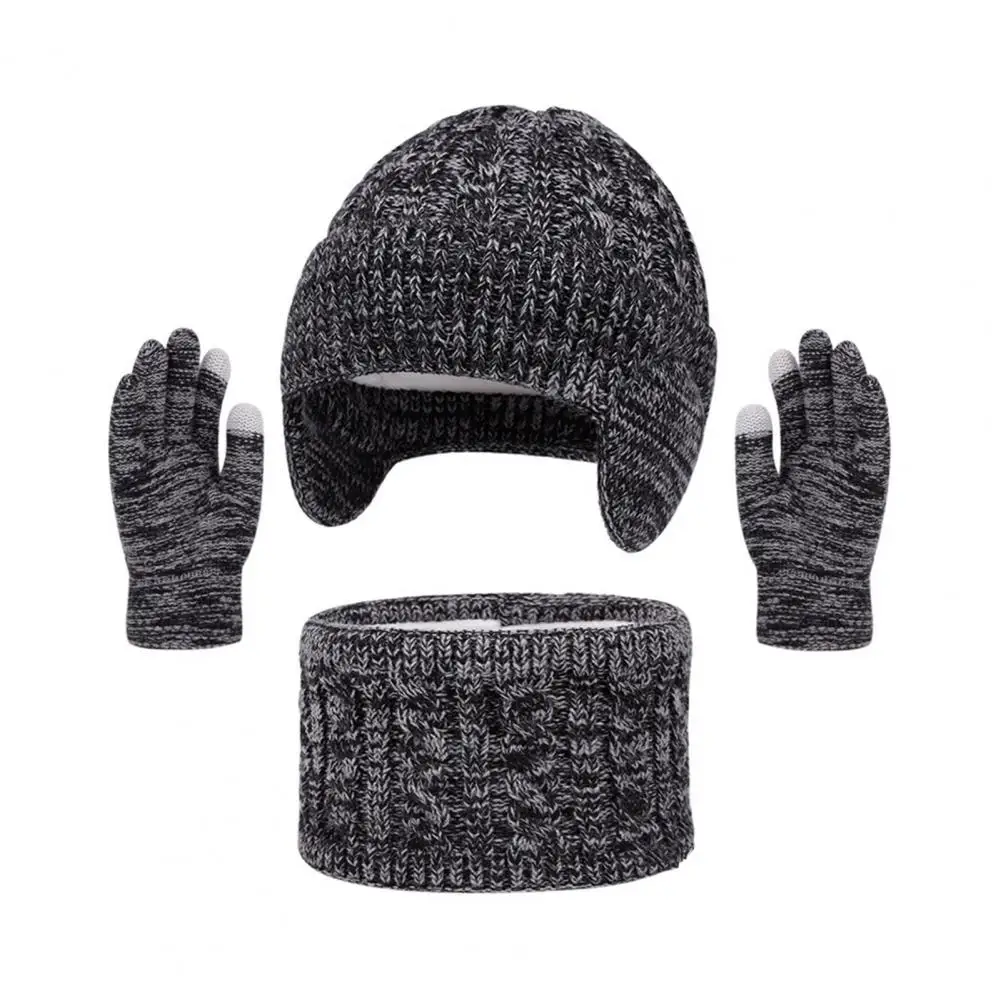 ชุดถุงมือผ้าพันคอหมวกฤดูหนาวสำหรับเด็ก 3 ชิ้น - ผิวสัมผัสบิดเกลียวสีสันสดใสพร้อมซับในผ้ากำมะหยี่หนา อุปกรณ์เสริมถักนิตติ้งที่ให้ความอบอุ่น