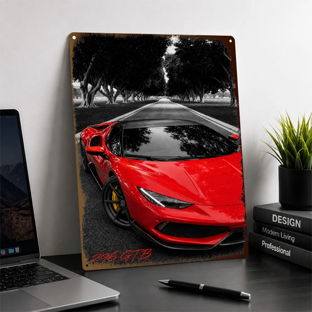 Italy 296 GTB Rosso Imola Selective Color Supercar Textured Poster Customized Metal Tin Sign Bold Tribute Wall Art In Any Home