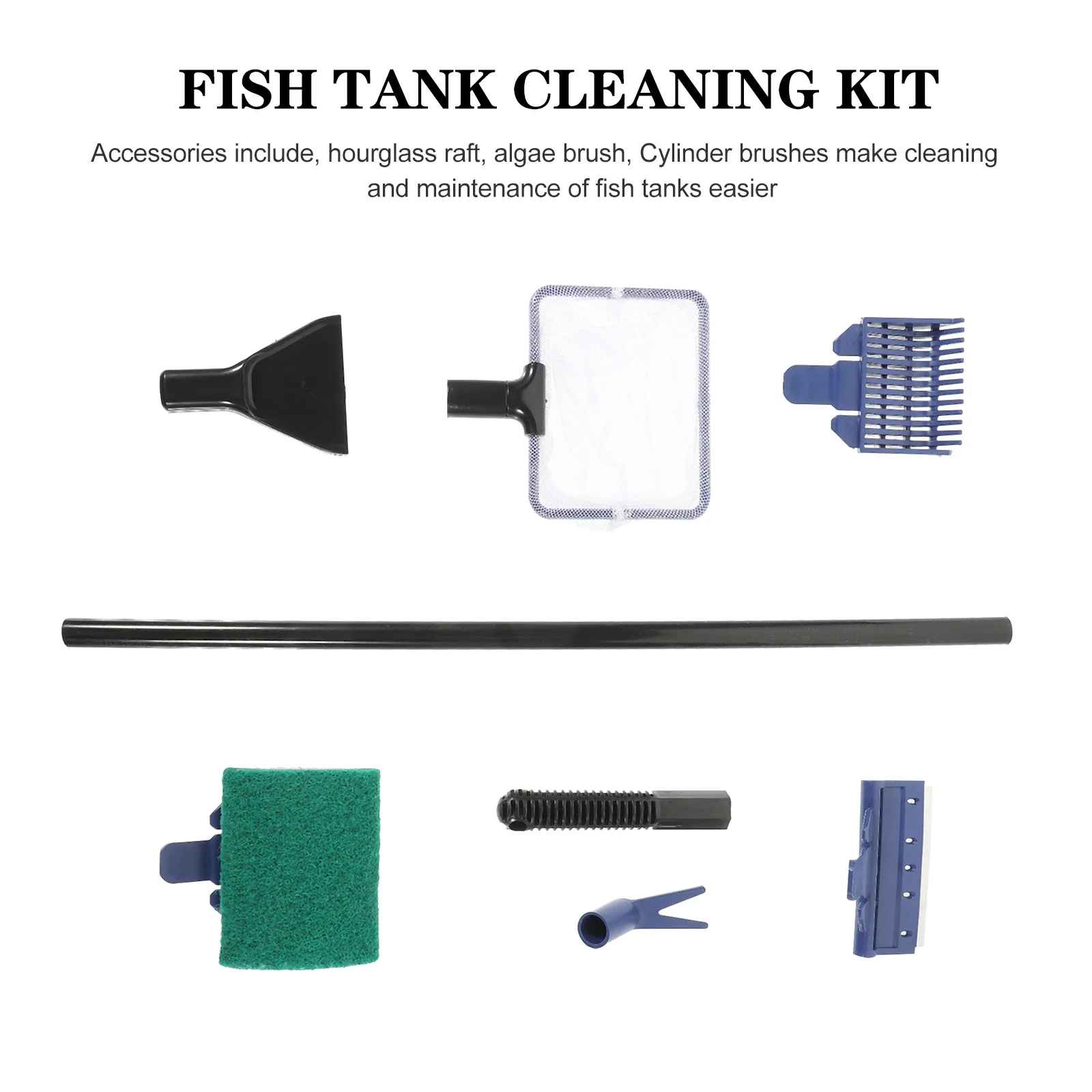 

Aquarium Cleaning Kit Fish Tank Tools Set Black Blue Abs Plastic 43X10X3Cm Includes Net Rake Algae Scraper Fork Sponge