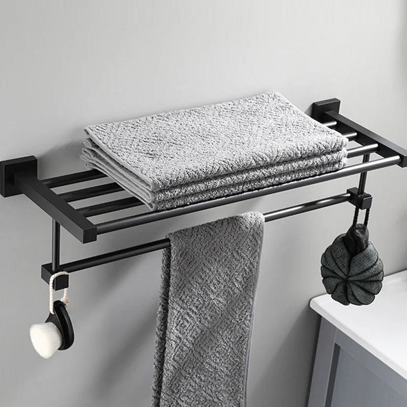 40/50/60cm Matte Black Towel Rack Wall-mounted  Aluminium Towel Holder Square Design Bathroom Accessories Bath Shelves