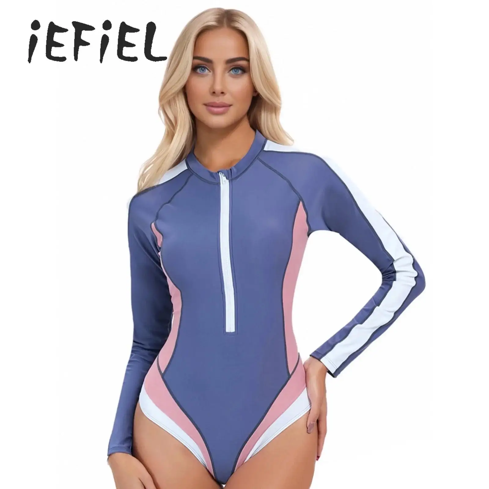 

New Patchwork Sport One Piece Swimsuit Women Swimwear Professional Sport Bathing Suit Zip Long Sleeve Athletic Surfing Swimming