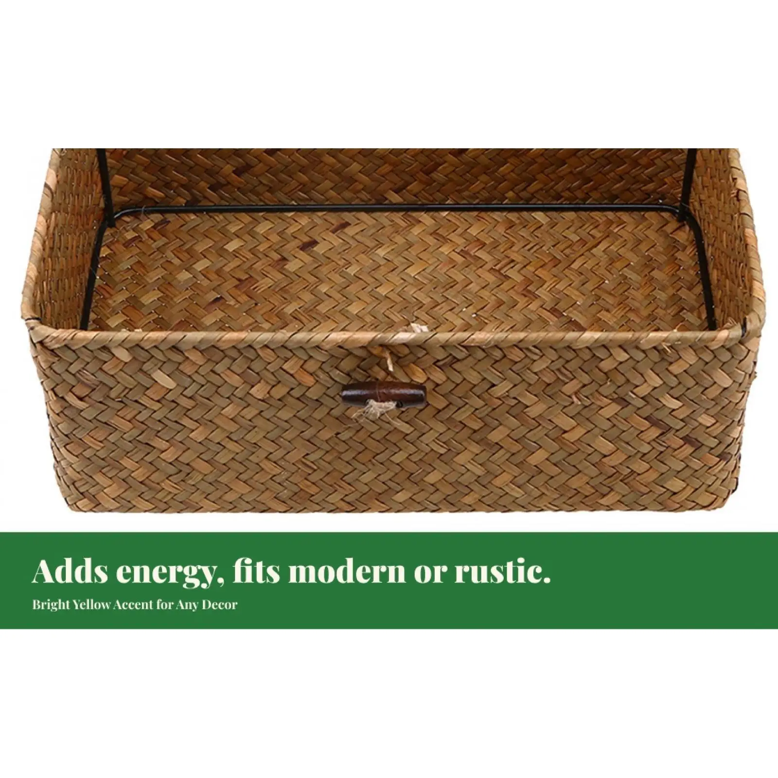 Seagrass Lidded Storage Bin Rectangular Woven Organizer Basket Durable Box for Closet Shelves