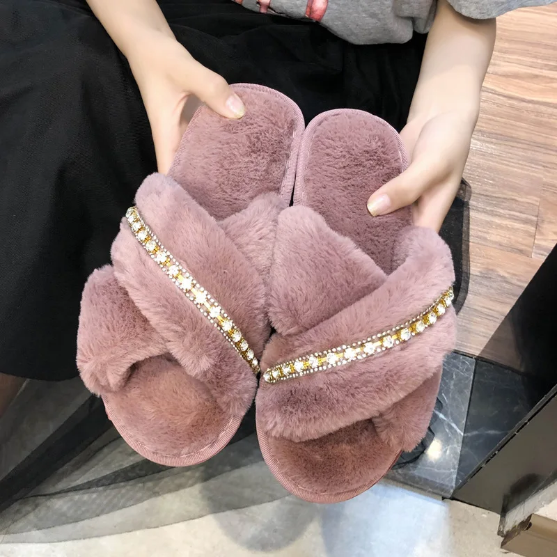 

Winter Warm Real Fur Slippers Woman Beaded Sequins Bling Plush Women Shoes Women Furry Natural Rabbit Hair Shoes