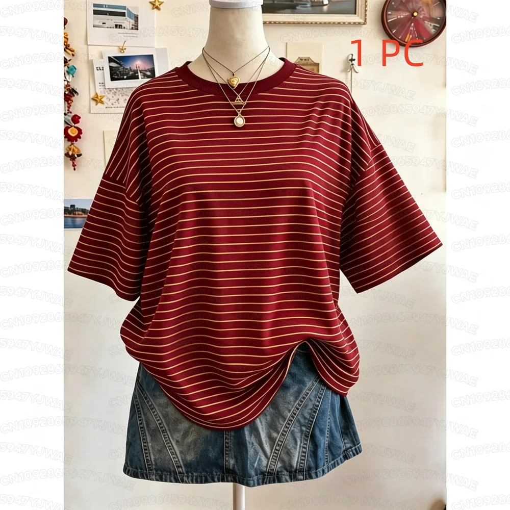Sommer Y2K Gestreiftes Oversize-T-Shirt mit Rundhalsausschnitt und Fallschulter für Damen Kurzarm Street Casual Sport-Oberteil – Detail 8