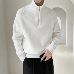 Autumn Winter KPOP Fashion Style Harajuku Slim Fit Tops Loose Casual All Match Knitwear High Collar Zipper Long Sleeve Sweaters