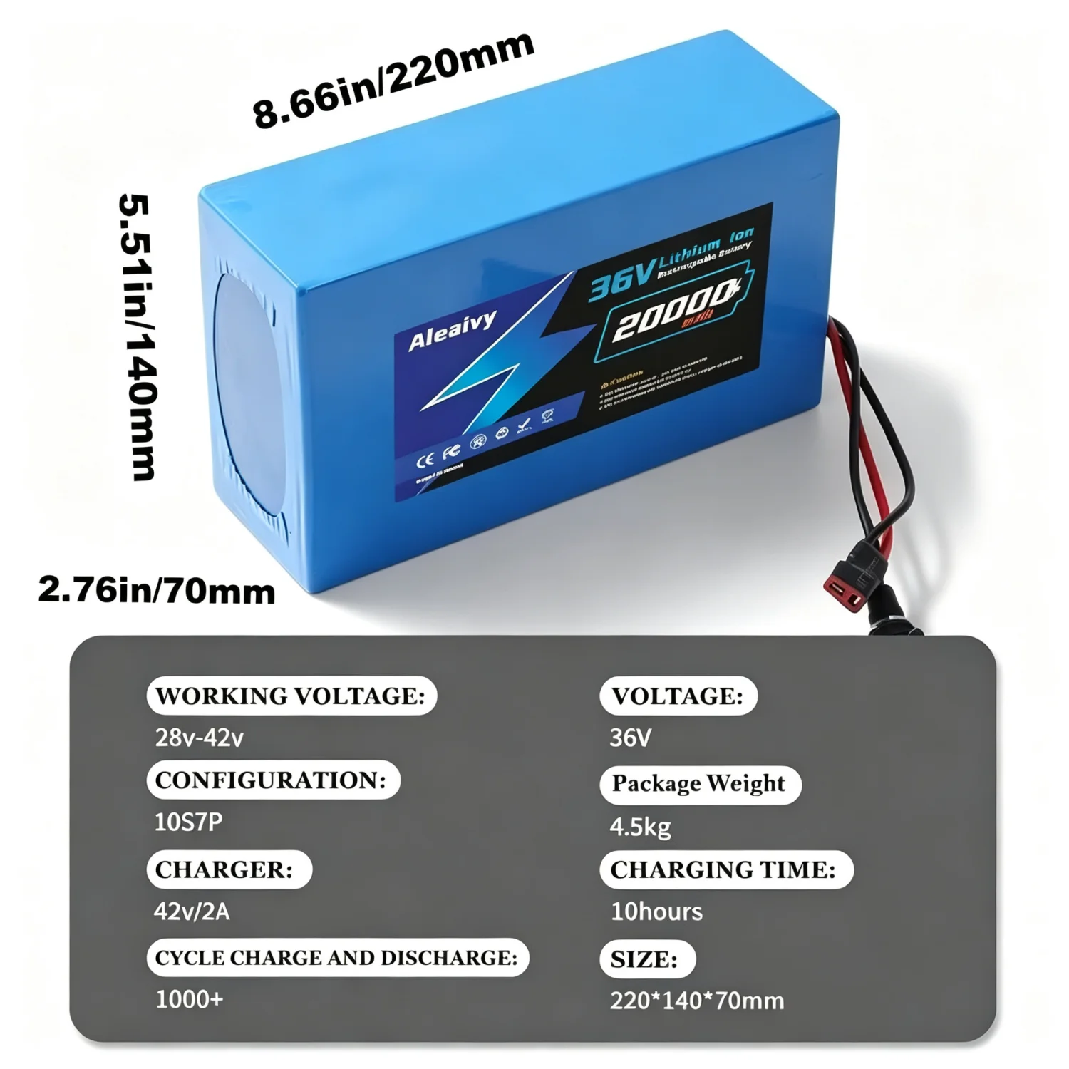 Aleaviy High Capacity 36V 10Ah 14Ah 20Ah Built-in 30A BMS Rechargeable Lithium Battery Pack For 100-1500W Electric Motorcycle Scooter Bicycle Motor With 42V 2A Charger