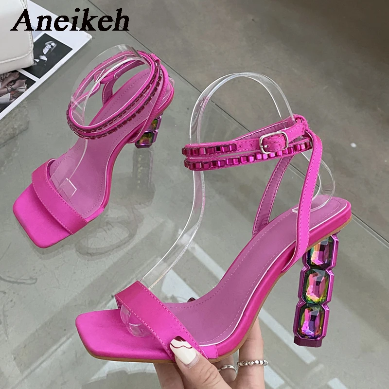 Aneikeh Sexy Sparkly Stacked Crystal Heel Sandals Woman Summer 2024 Thin Embellished Ankle Straps High Heel Shoe for Women Pumps