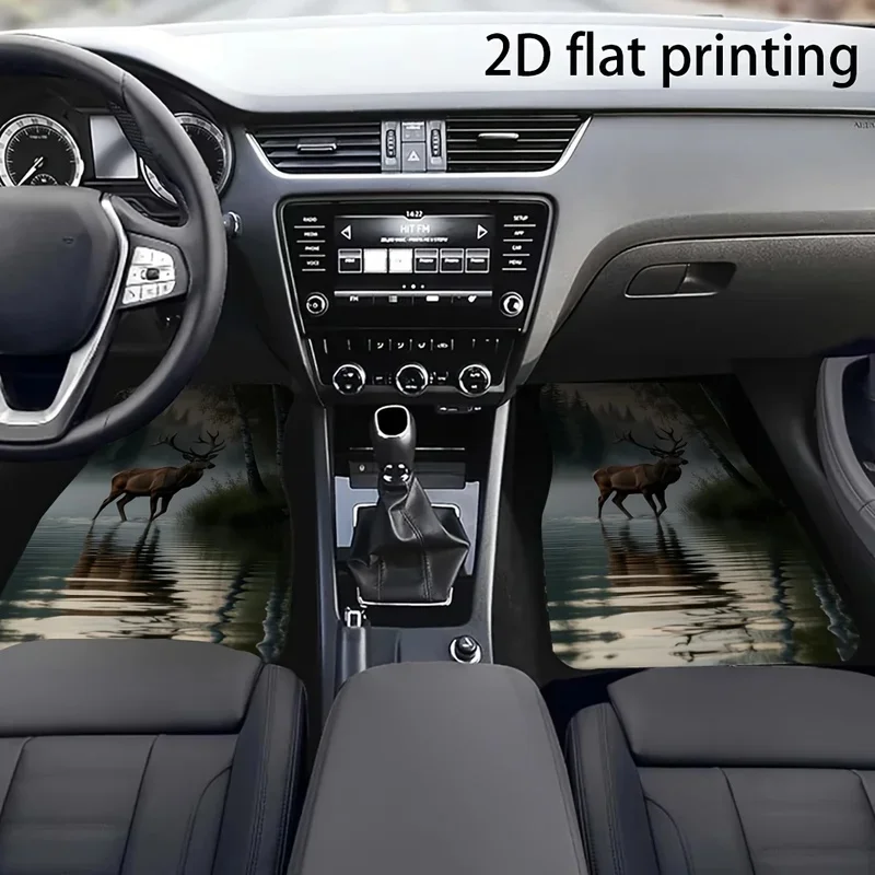 4pcs Car Floor Mats, Forest Pattern With Deer Silhouette In The Morning Mist, Made Of Polyester Fiber, Universal Car Mats, Autom