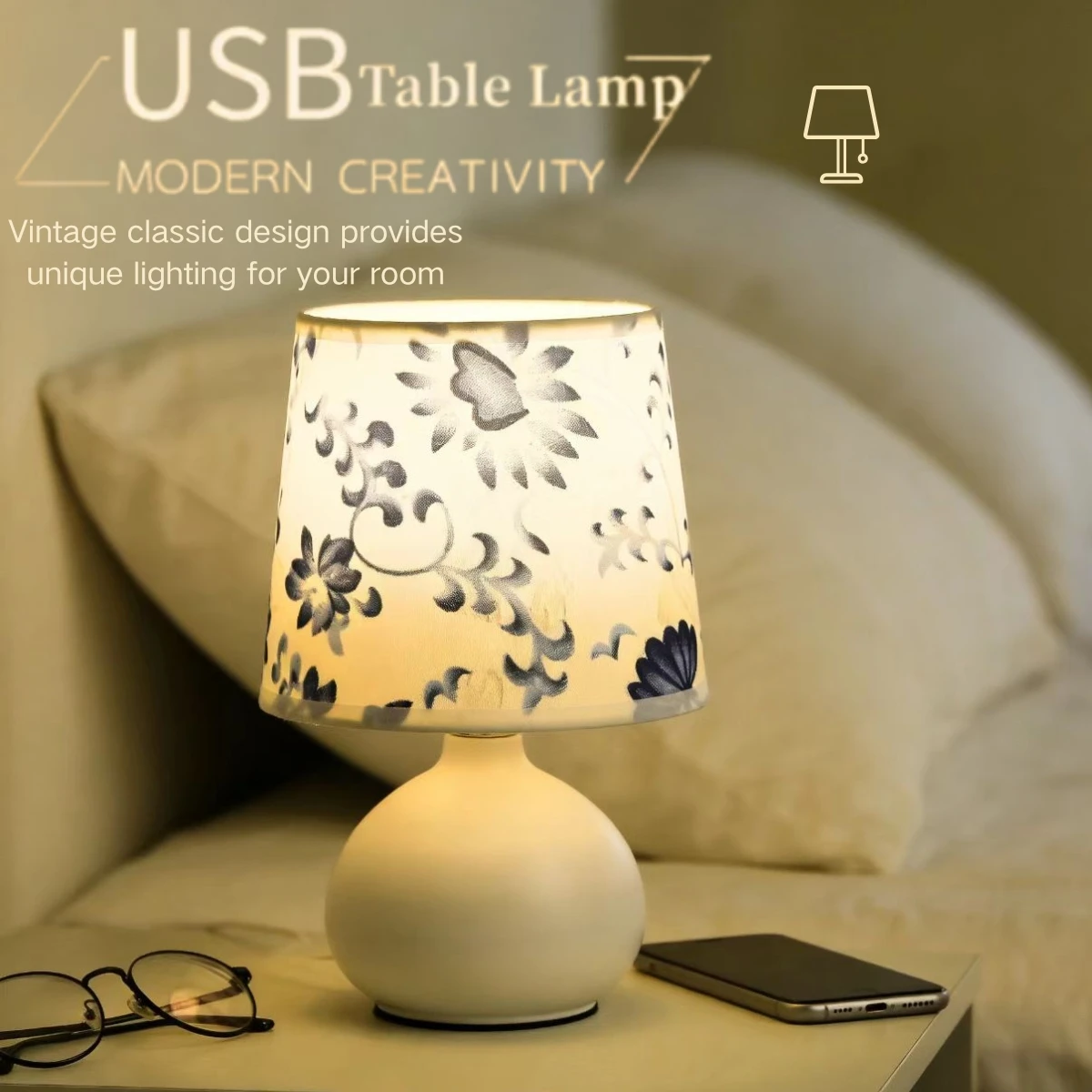 

USB-лампа для спальни, минималистичная, креативная, с тканевым абажуром с цветочным узором, подходит для чтения, спальни, гостиной.