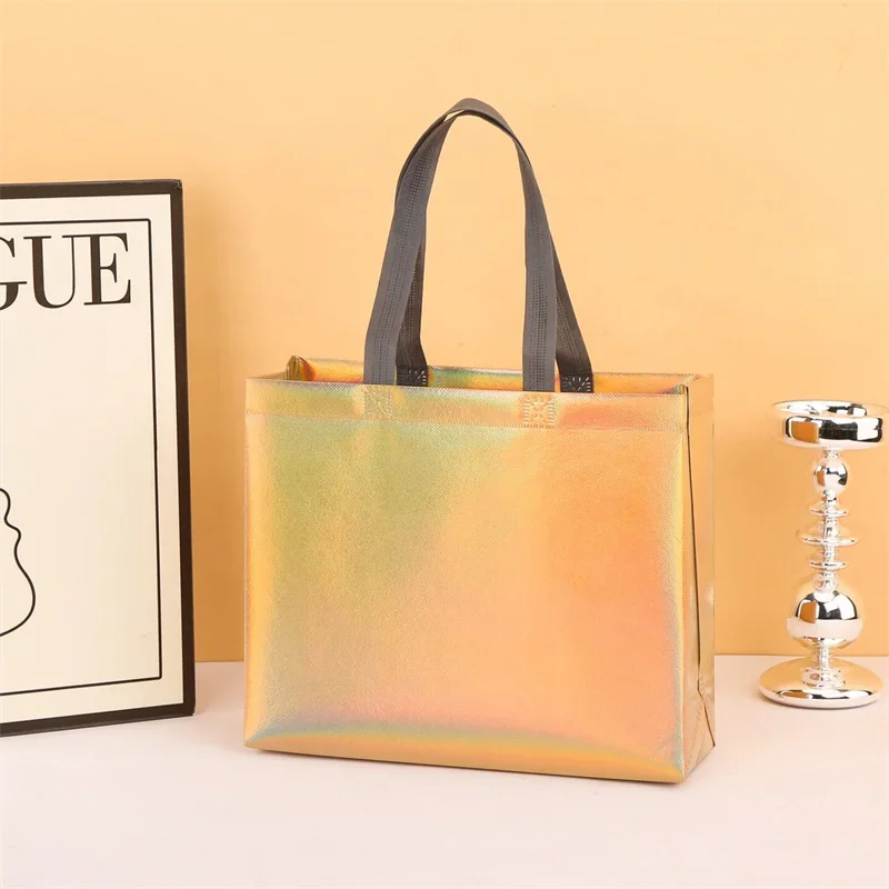10pcs StoBag Color Laser Non-woven Tote Shoulder Bags Shopping Storage Fabric Reusable Large Pouches Logo(extra Fee)