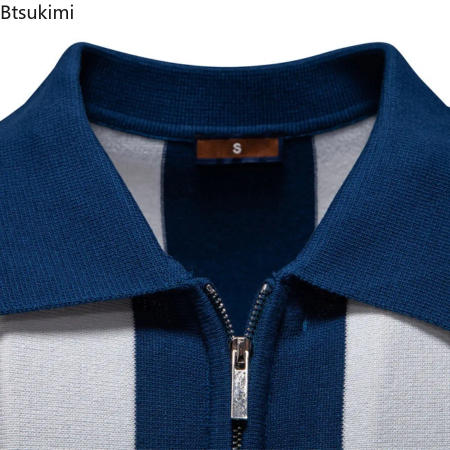 2025 Men's Summer Breathable Stripe Contrast Panel Polo Shirts New Business Casual Short Sleeve Knit Shirt Male Golf Sports Tops