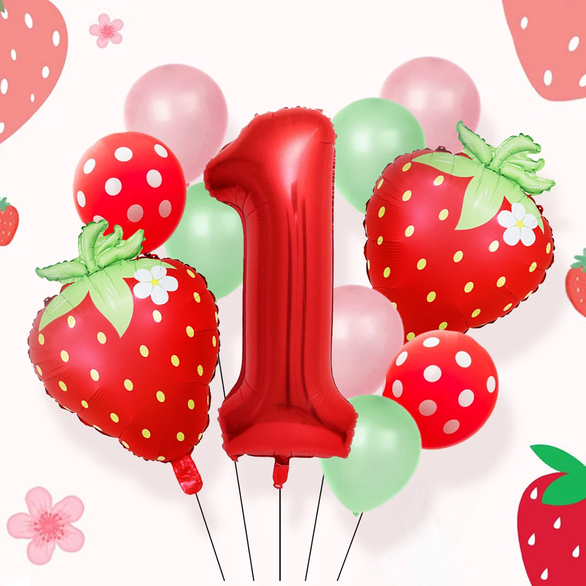 18-teiliges 32-Zoll-1-9-jähriges digitales Aluminiumfolien-Ballon-Set mit Erdbeer- und roten Punkten, geeignet für die Geburtstagsfeier