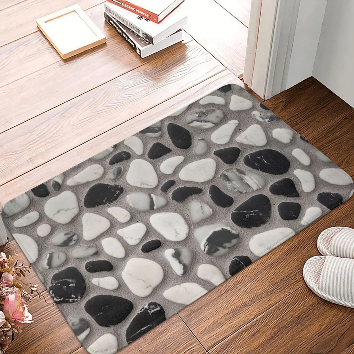 Beach Stone Pattern With Black And White Marble Doormat Kitchen Entrance Home Floor Mat Non-slip Carpet Rug for Bedroom Footpad