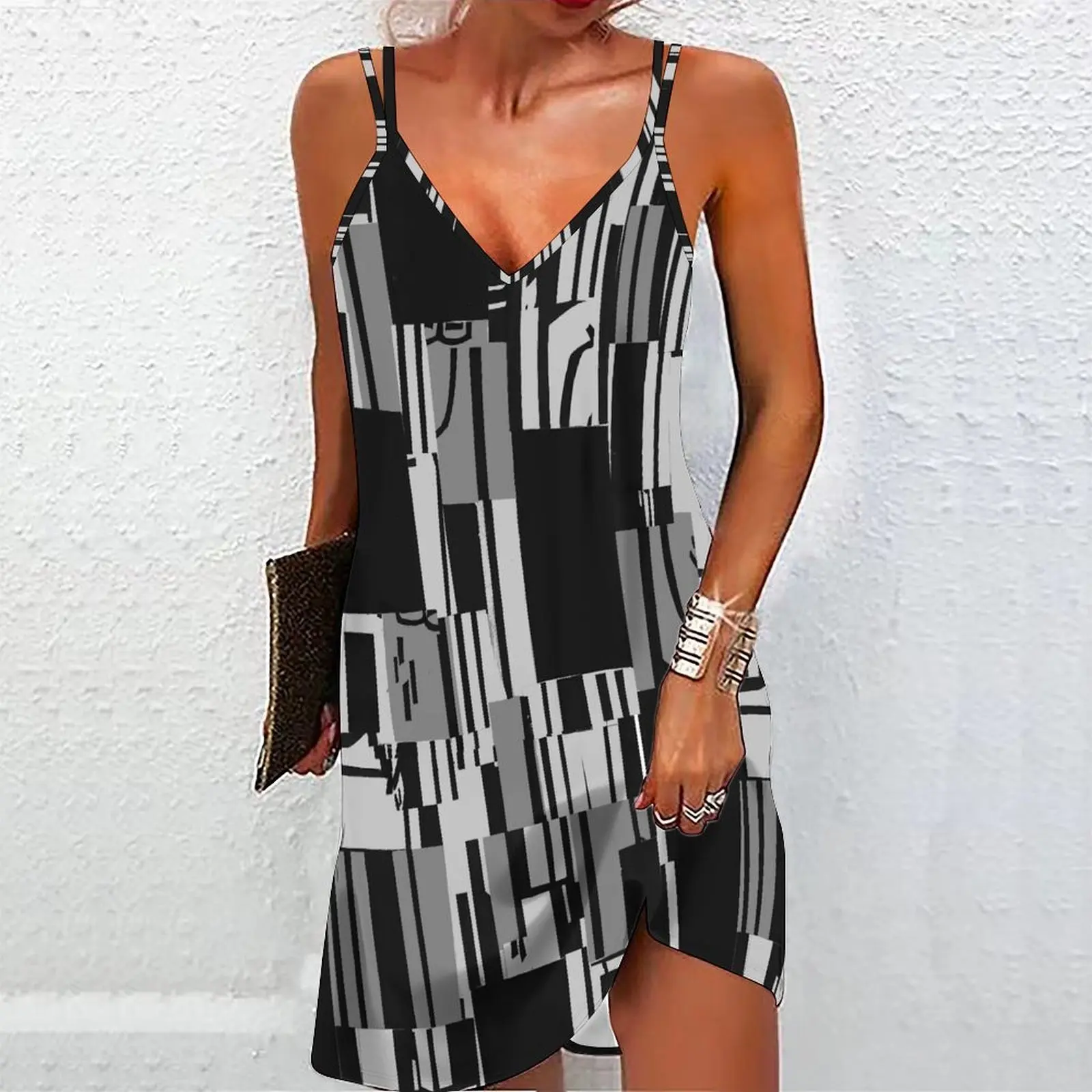 Women Spaghetti Strap Mini Dress Colorful Paint Splash Print Deep V Neck Side Slit Sleeveless Casual Summer Party Slip Dress