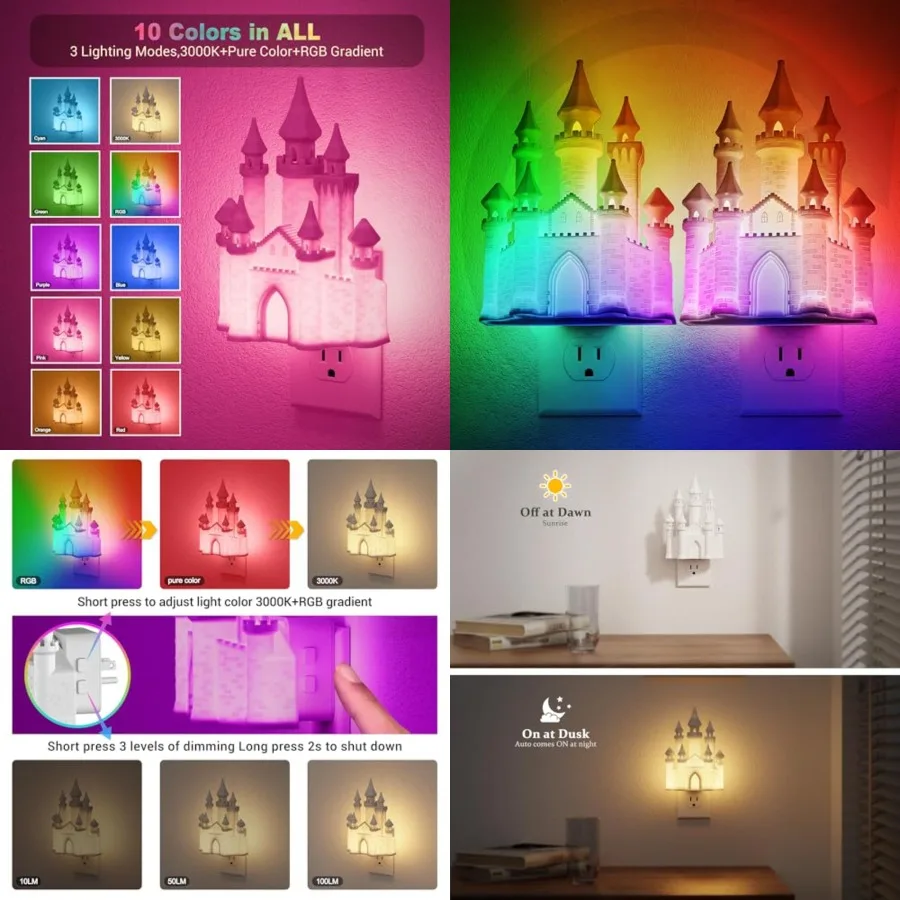 Night Lights Plug into Wall, 3D Printed Castle RGB Night Light, 0-Color Change Night Light, Dimmable Nightlights with Dusk to D