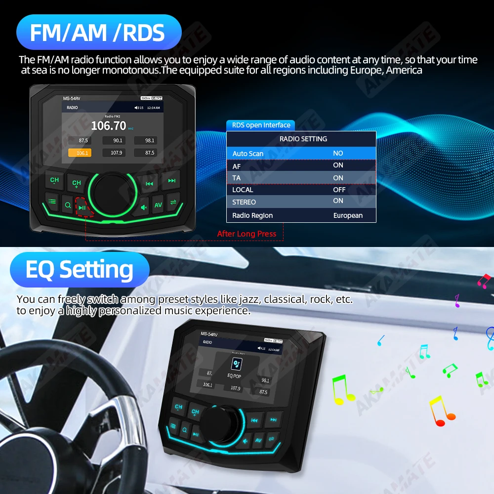 RVs Radio MP5 Multimedia Player Bluetooth EQ USB AUX Stereo for RV UTV ATV SPA RZR FM AM RDS Radio Receiver Supports Rear Camera