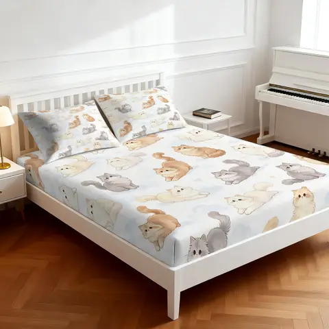 Cute Fluffy Cat Print Fitted Sheet Set, Soft Bed Sheet Set, Cat Lover Bedding Set for Bedroom, No Fillers
