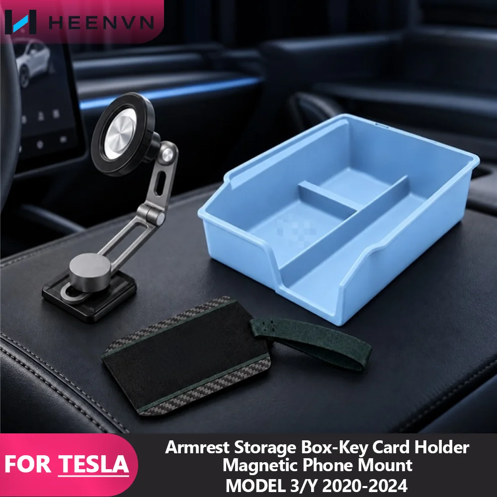 HEENVN Armrest Storage Box for Tesla Model 3/Y 2020-2024 with Key Card Holder And Magnetic Phone Mount Car Accessory