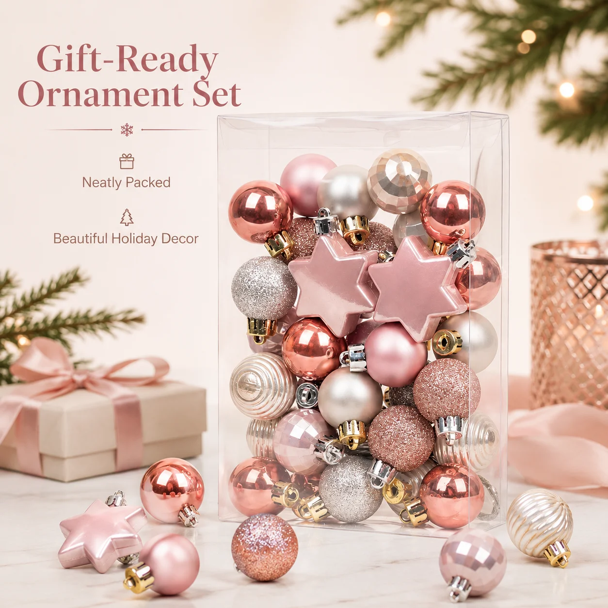 33 pieces of pink gold Christmas decoration set, shatterproof Christmas balls, Christmas trees, holiday party hanging decoration