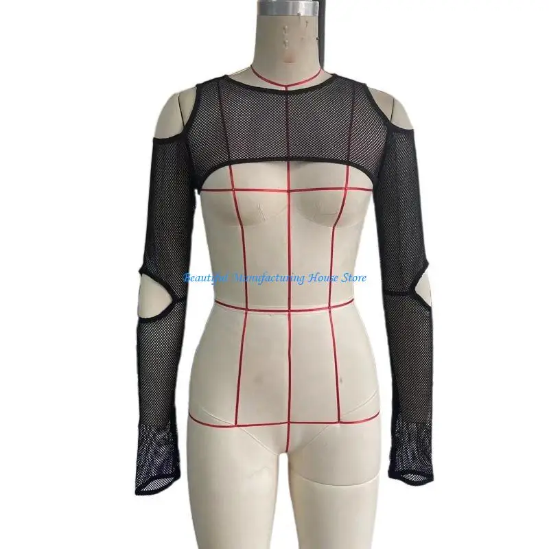 

E56A Casual Fit Hip Hop Dance Shrug Long Sleeve Mesh Cover Up Crop Top for Women