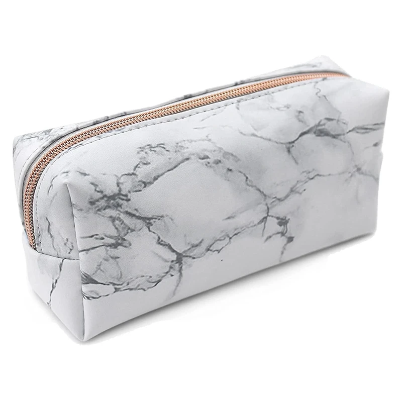 White Marble PU Stationery Pencil Case Pouch Makeup Bag With Zip For Girls Woman's Teenagers