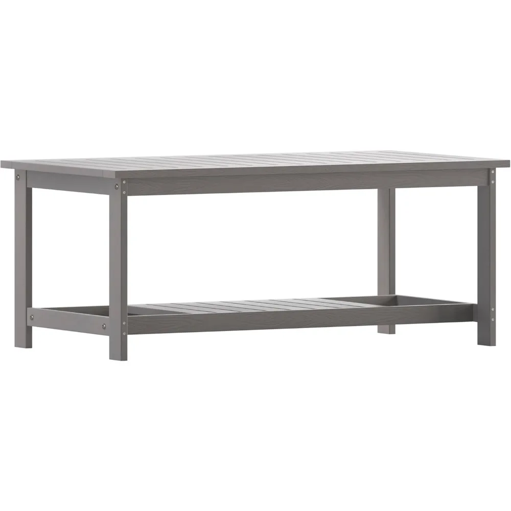 Meja Kopi Dua Tingkat Kelas Komersial - Kayu Resin Poli dengan Finishing Abu-abu - Tahan Segala Cuaca - Desain Rak Berpalang