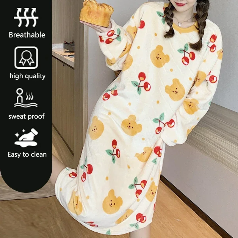 Coral Velvet Nightgown Women Autumn and Winter Thickened Flannel Cartoon Pajamas Raw Mid-Length Nightgown Long-Sleevedwomen