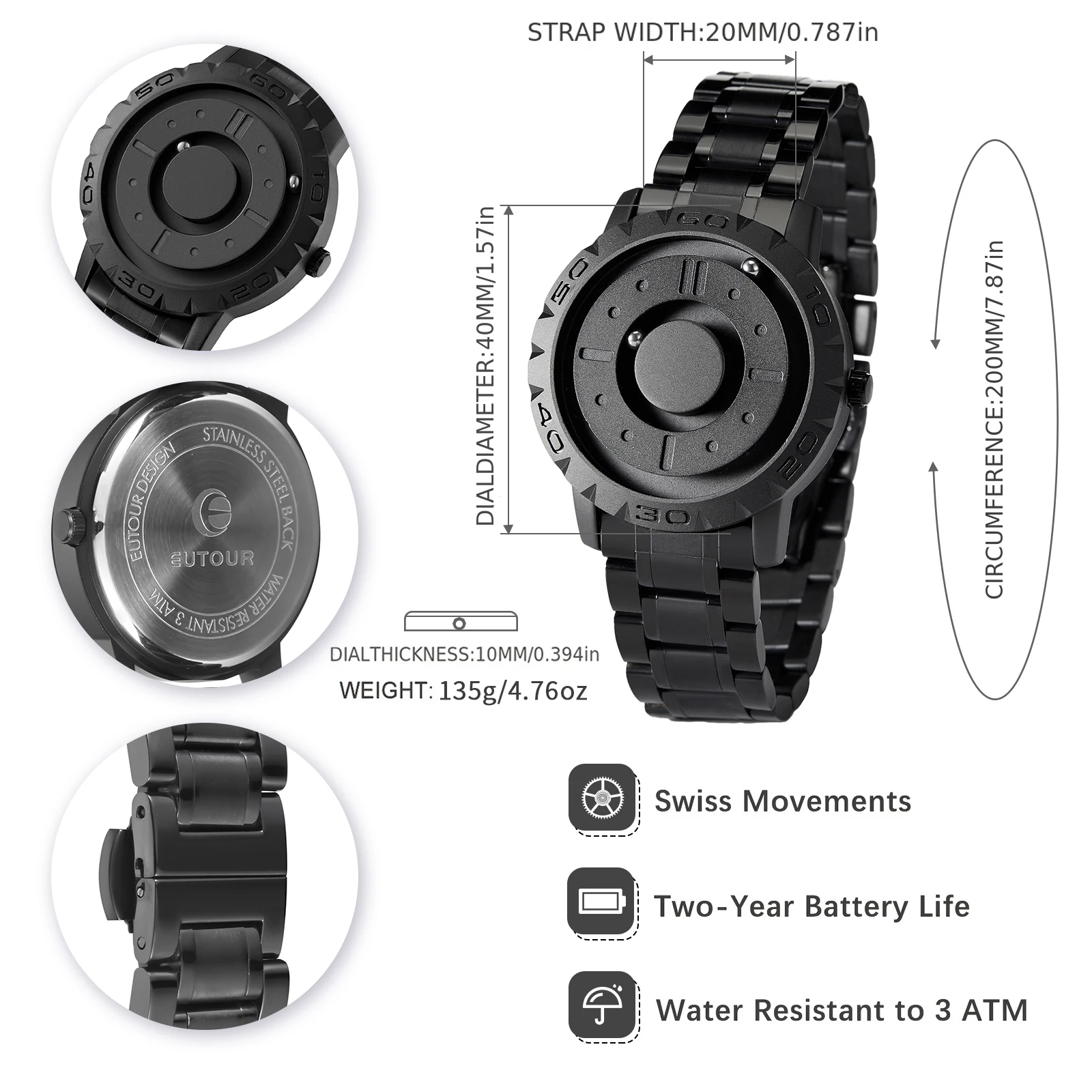 EUTOUR-Montres à quartz magnétiques 3D pour hommes, montres étanches, résine, cuir, acier, bracelet en acier inoxydable, cadran noir