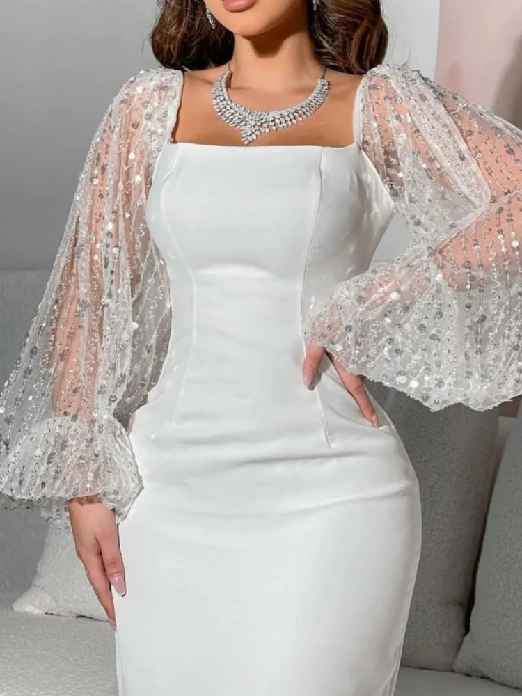 Chic White Dresses for Women Sequin Sheer Long Sleeve Square Neck Vintage Elegant Midi Bodycon Night Out Celebrate Gown 2024