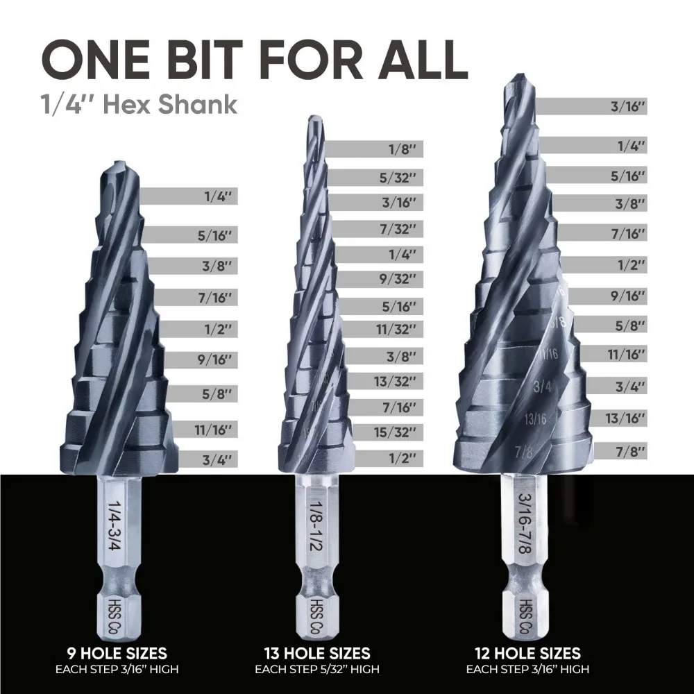 Toolant Set di punte per trapano a cobalto con quattro flauto a spirale (Pro Max), 1/8-7/8 (3 pezzi) Punte per smontaggio Unibit pronte per impatto 1/4 con codolo esagonale per