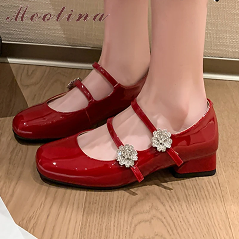 

Meotina Women Genuine Leather Mary Janes Round Toe Thick Mid Heels Flower Sheepskin Glove Shoes Lady Fashion Shoes Spring Autumn