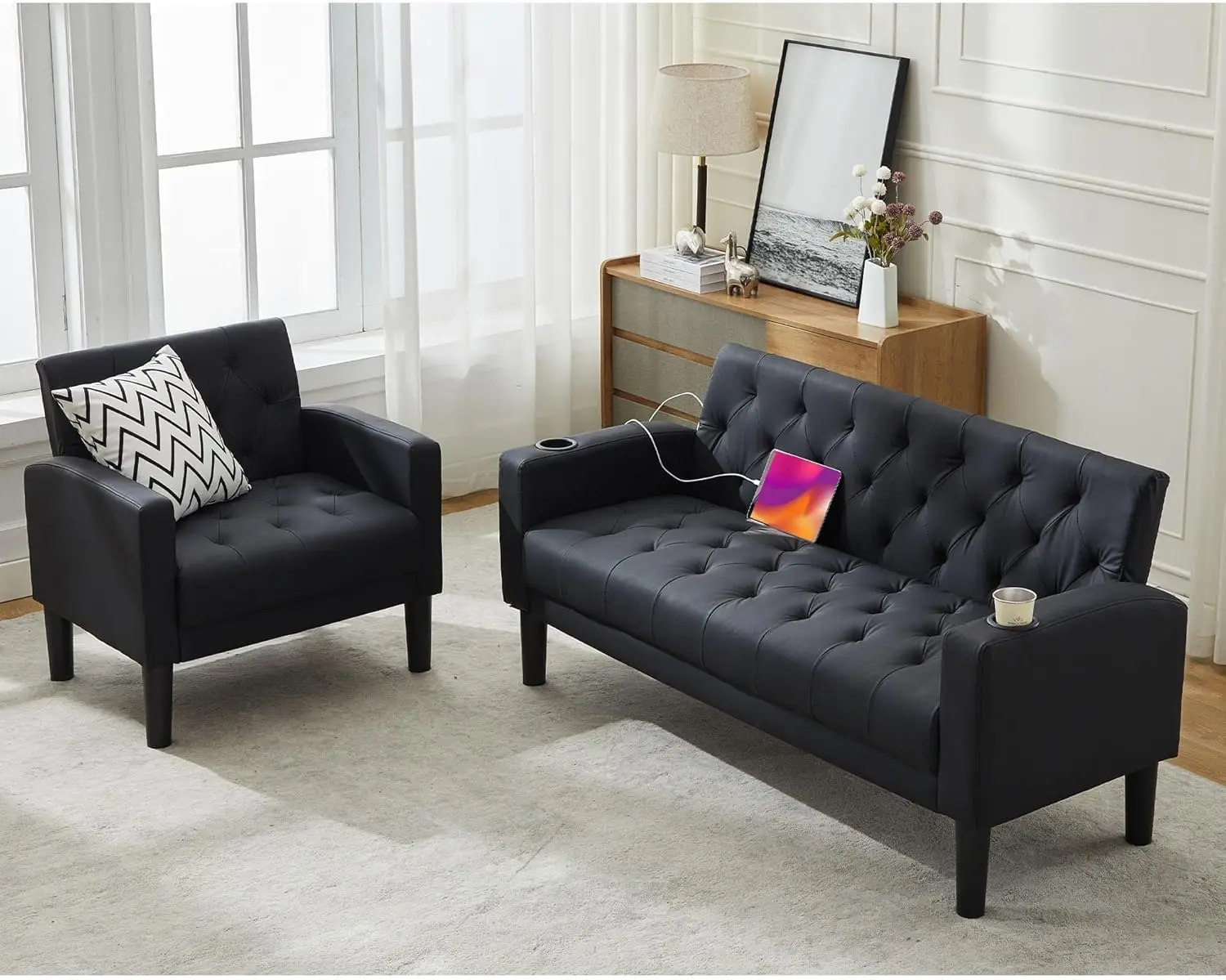 Black Leather Loveseat Sofa Set with Chair, 62'' Couch for Living Room