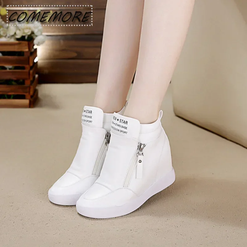 Fashion Sneakers Platform Woman Autumn Classic High Top Female Casual Shoes Wedge Side Zipper PU Fashion Round Head Ladies Shoes