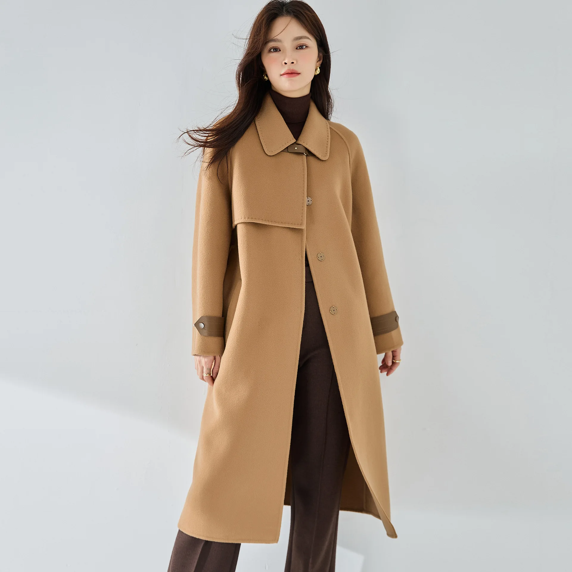 Winter 2023 new high-end camel double-sided woolen coat women's medium and long woolen coat 15126