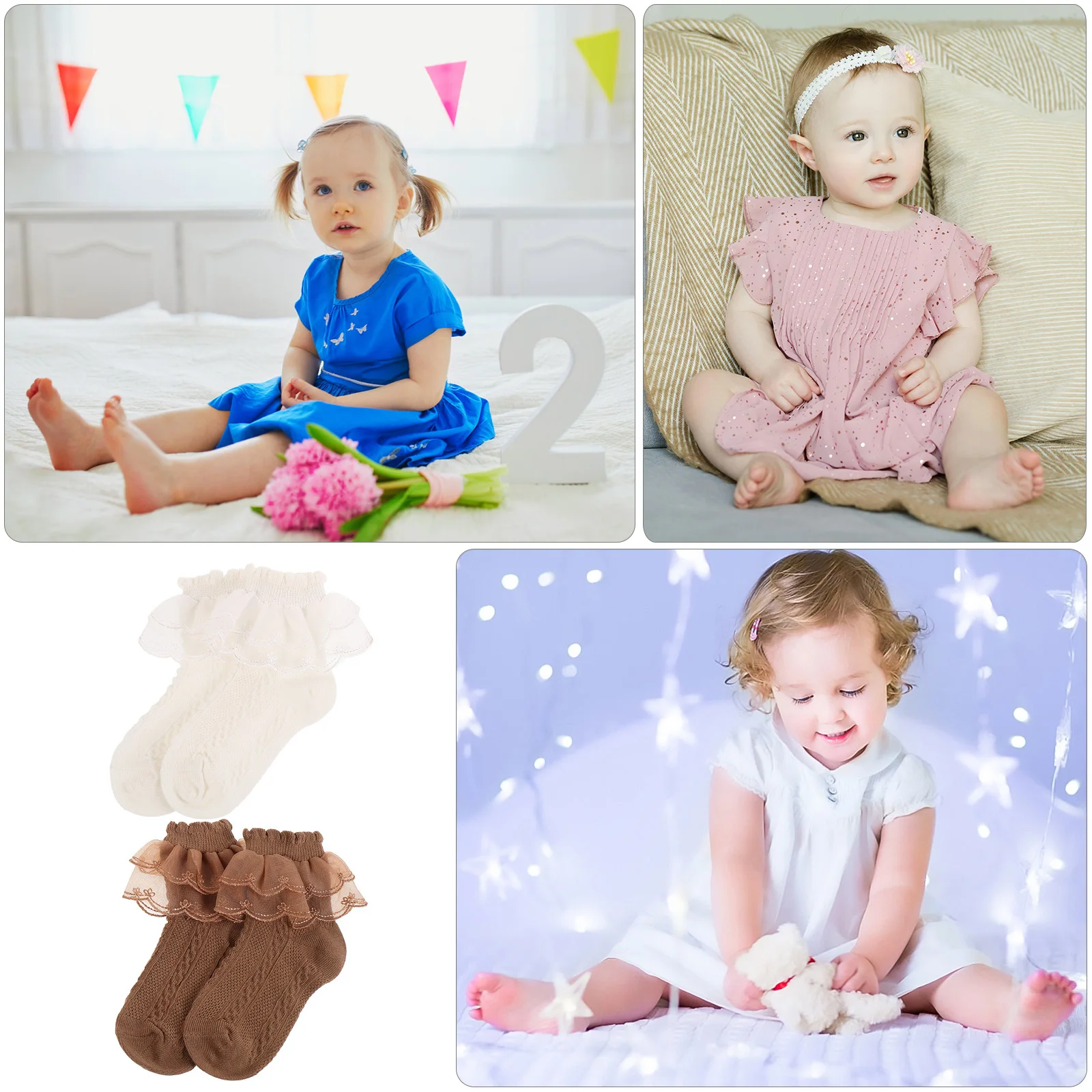 

2Pairs Girls Lace Ruffle Cotton Socks Cute Princess Style Breathable Comfortable for Dance Recitals and Parties