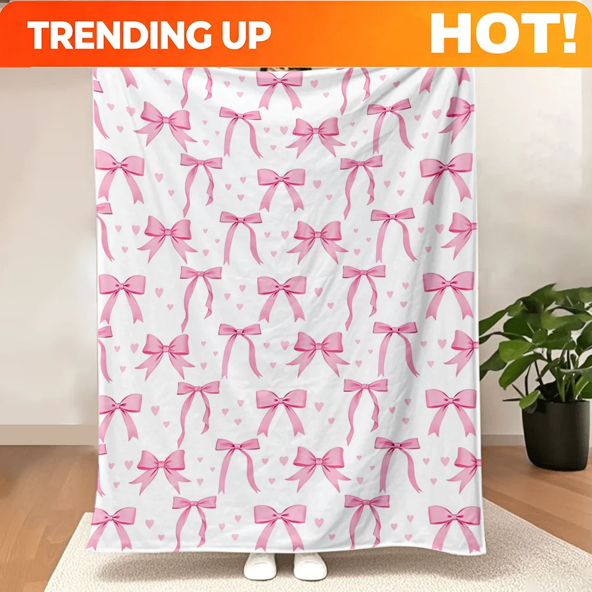 Custom Pink Bow Fleece Blanket,Christmas Birthday Valentine's Day Gifts,Coquette Preppy Bow Decor,Soft Lightweight Bed Sofa Thro