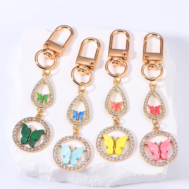 Luxury Shiny Full Rhinestone Butterfly Charms Keychain For Women Girls Handbag Wallet Car Key Oranments Keyrings DIY Jewelry