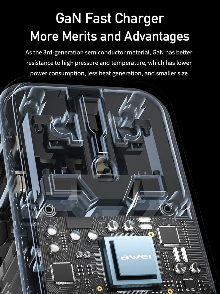 Adaptador de Viagem Universal AWEI-GaN, 65W, 100W, USB, Tipo C, Carregamento Rápido, Adaptador de Plugue Internacional, UE, Reino Unido, EUA, AUS Plug para Viagem