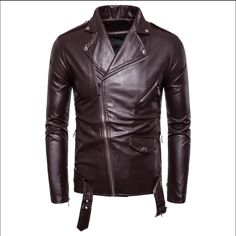 Pure Color Men Long Sleeved Leather Jacket Black / White Fashion Male Diagonal Zipper Business Casual Jacket