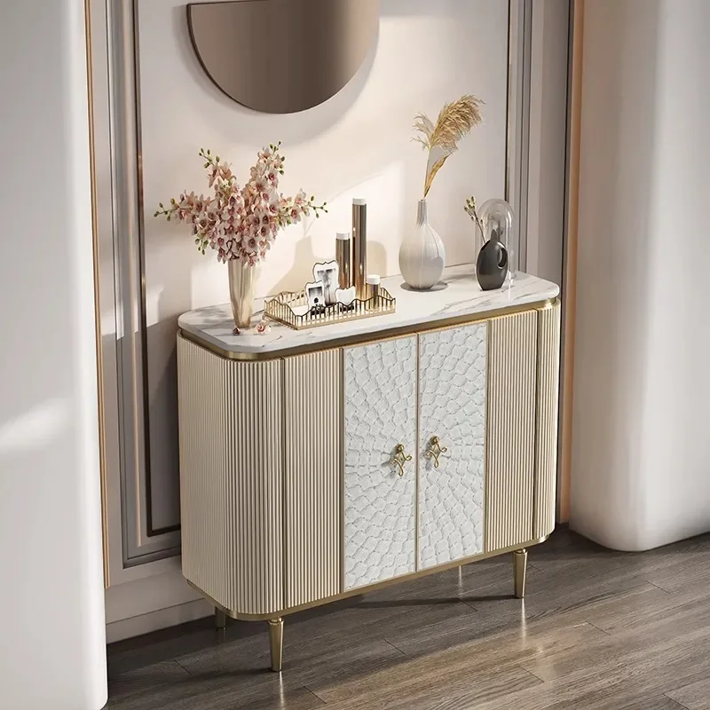 Luxury Console Cabinet: Marble Top Storage Cabinet, Gold Trim & Textured Door, Contemporary Entryway Furniture