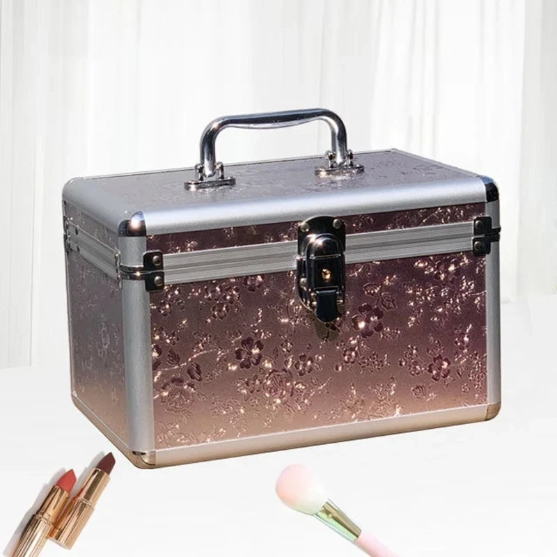 Modern Style Aluminum Alloy Double-layer Makeup Box Girls Outside Traveling Portable Makeup Box Massage Beauty Nail Art Toolbox