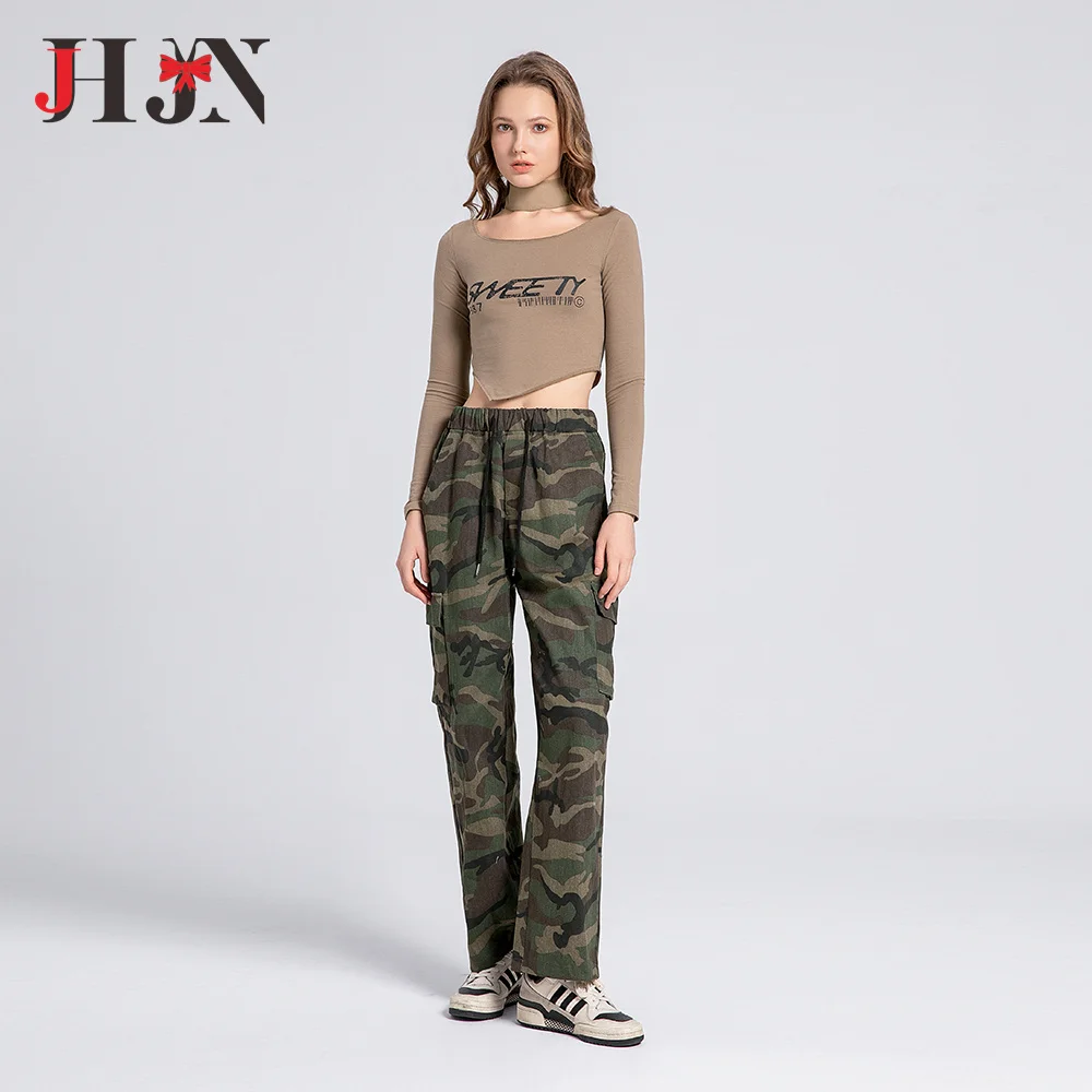 

JHJN Woman Pants Camouflage Cargo Jeans Elastic Waist Hip Hop Britches With Big Pocket Straight-Leg Trousers Retro Loose Bottoms
