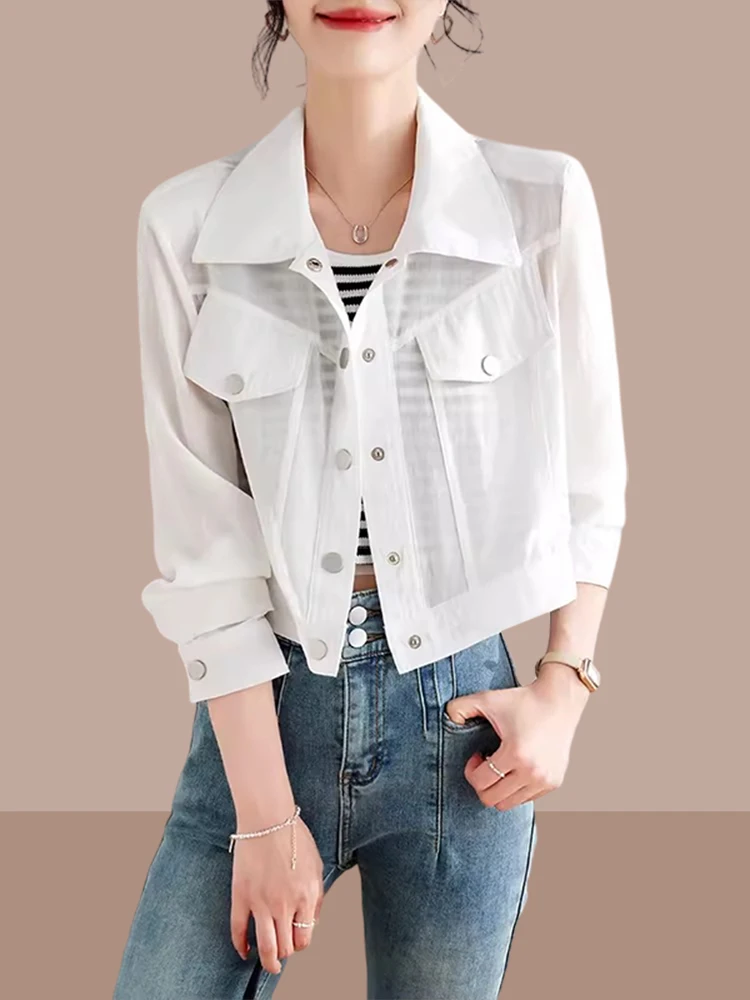 

White Long Sve irt Women's Design Sensation Commute Sun Protection ort Thin Cardigan Collar Button up Thin Outerwear