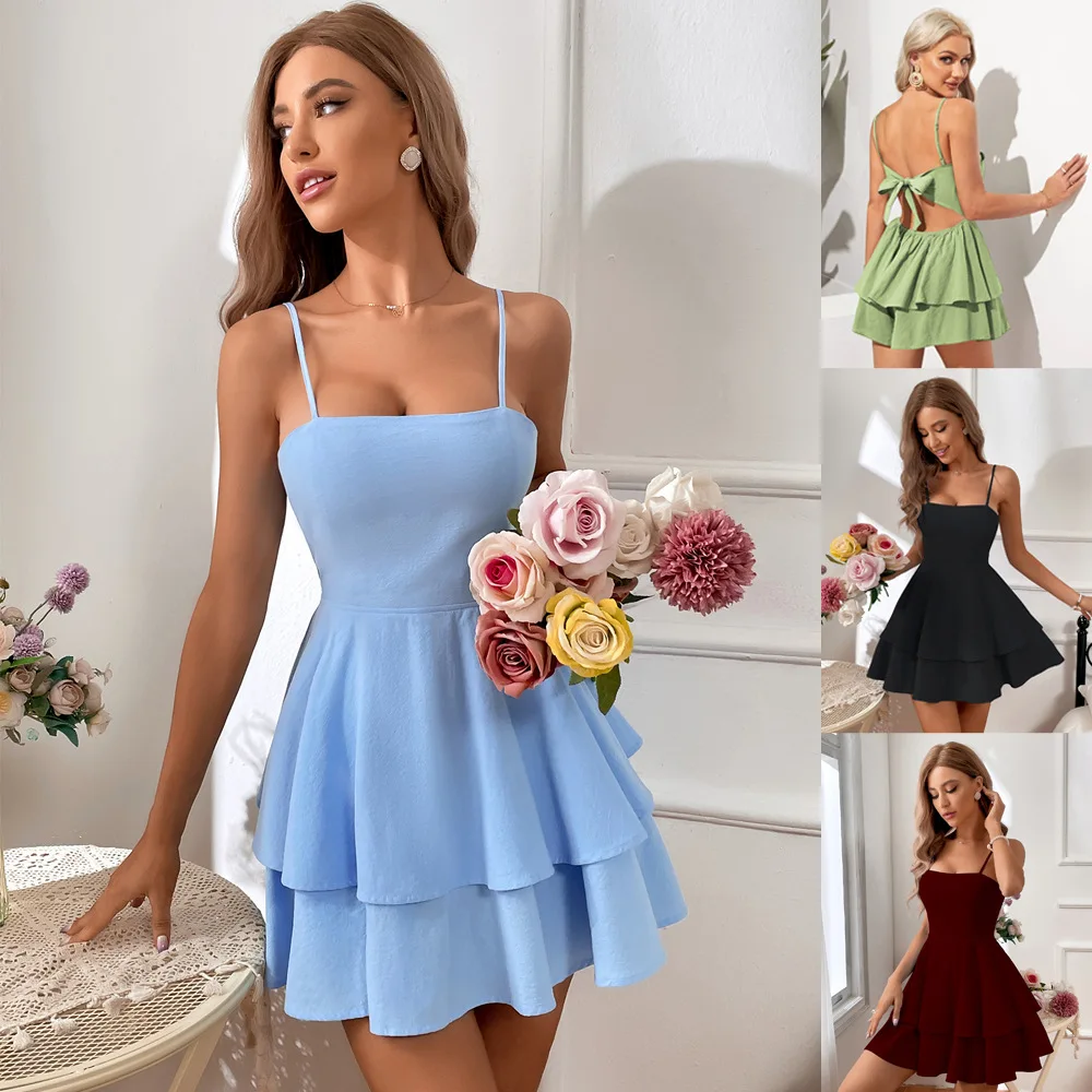 

BKLD 2024 Spring Summer Solid Color Women Clothing Open Back Bow Tie Short Dresses Sexy Spaghetti Strap Dress Party Clubwear