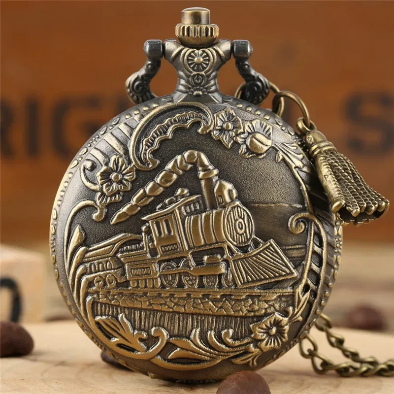 

Vintage Clock Engraved Steam Train Pattern Arabic Number Display with Quartz Movement Pocket Watch Pendant Tassels Sweater Chain