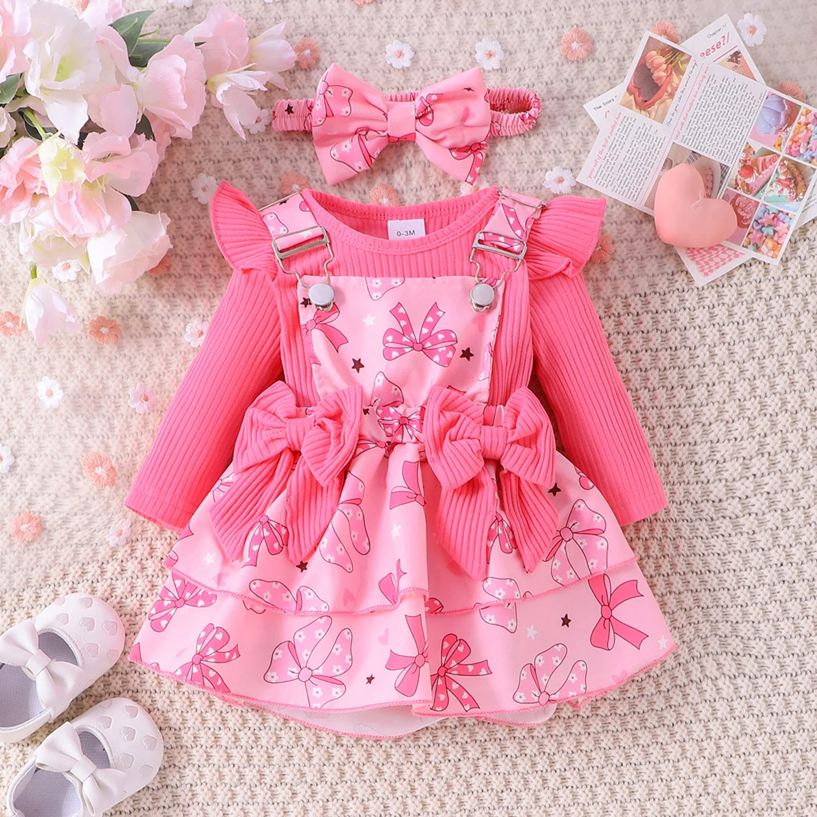 Baby Girls Long Sleeve Ruffled Romper with Print Adjustable Suspender Skirt Headband Birthday Party Daily Photography Outfit